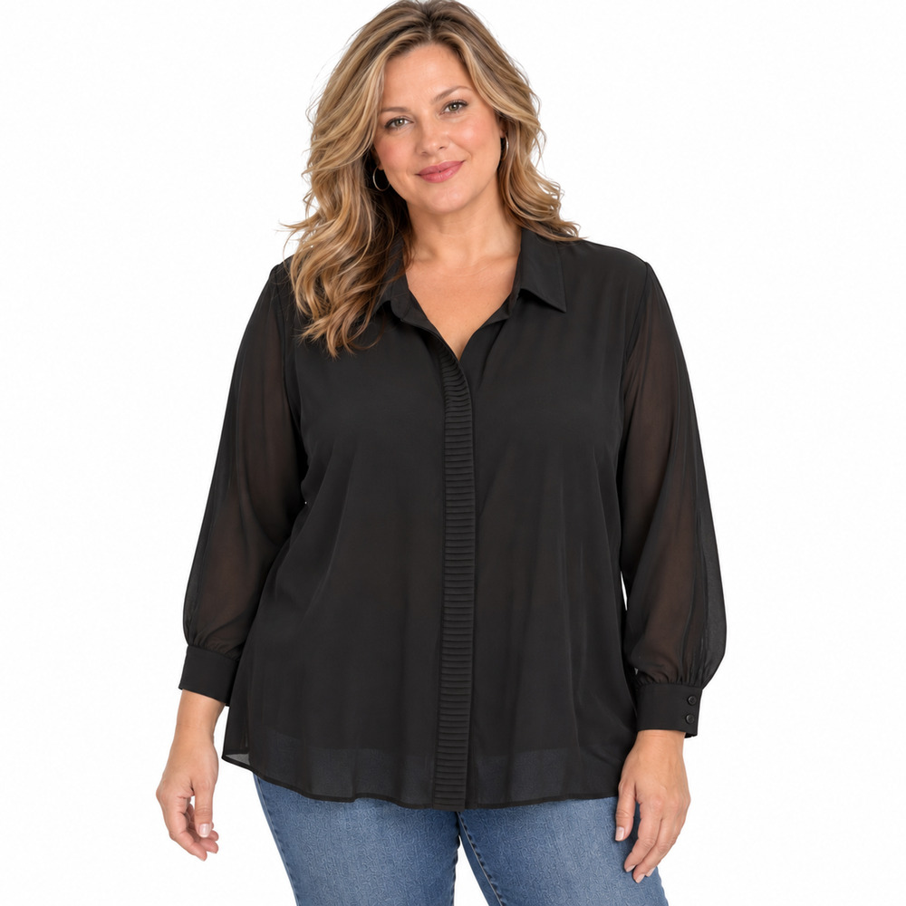 Marla Wynne Black Sheer Button Up Long Sleeve Top Blouse Collared Career sz 1X